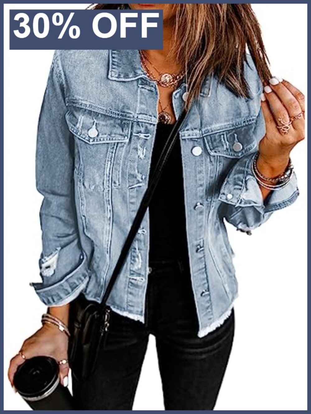 Womens Cropped Denim Jean Jacket Button Up Ripped Fringe Oversized